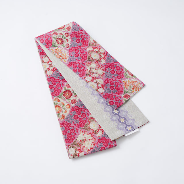 【召しませ花】半幅帯《青海カレン-ブロッサムフェスタ》ピンク×ラベンダー|リバーシブル仕立て