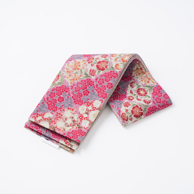 【召しませ花】半幅帯《青海カレン-ブロッサムフェスタ》ピンク×ラベンダー|リバーシブル仕立て