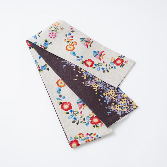 【召しませ花】半幅帯《南風和奏 》ベージュ×ダークブラウン|リバーシブル仕立て