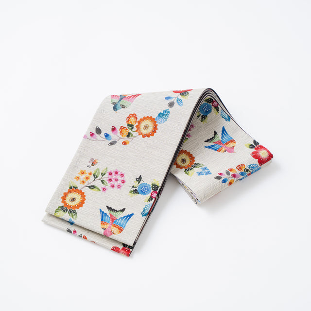 【召しませ花】半幅帯《南風和奏 》ベージュ×ダークブラウン|リバーシブル仕立て