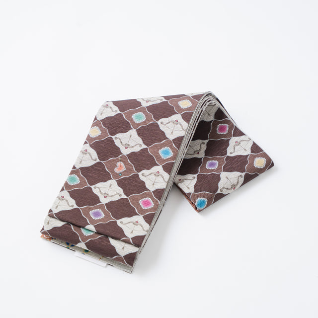 【召しませ花】・半幅帯《エンジェルハート-オリエンタルモザイク》ベージュ×ショコラ