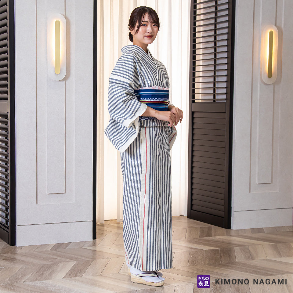 遠州綿紬│お仕立て上がり 遠州木綿 │フリーサイズ 白練りに黒鼠色の 