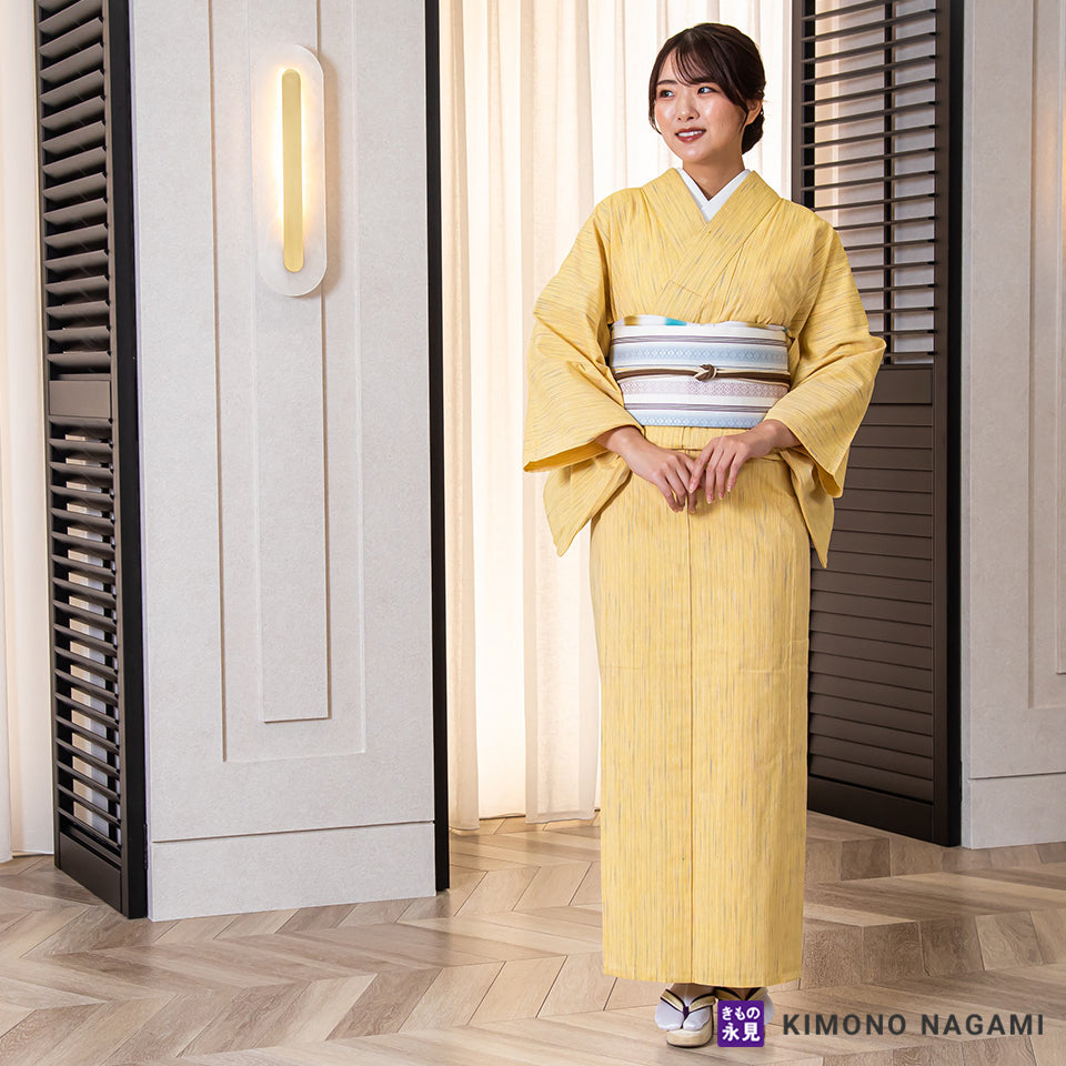 遠州綿紬│お仕立て上がり 遠州木綿 │フリーサイズ 菜花色に彩千筋縞 