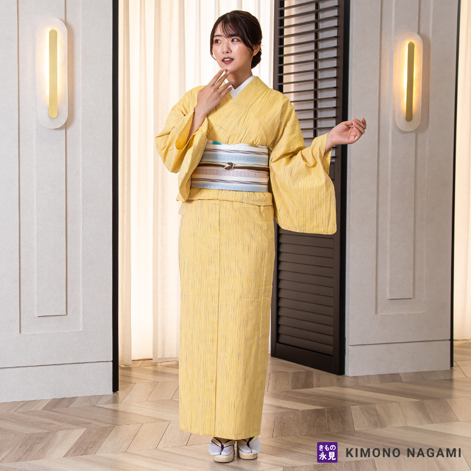 遠州綿紬│お仕立て上がり 遠州木綿 │フリーサイズ 菜花色に彩千筋縞 
