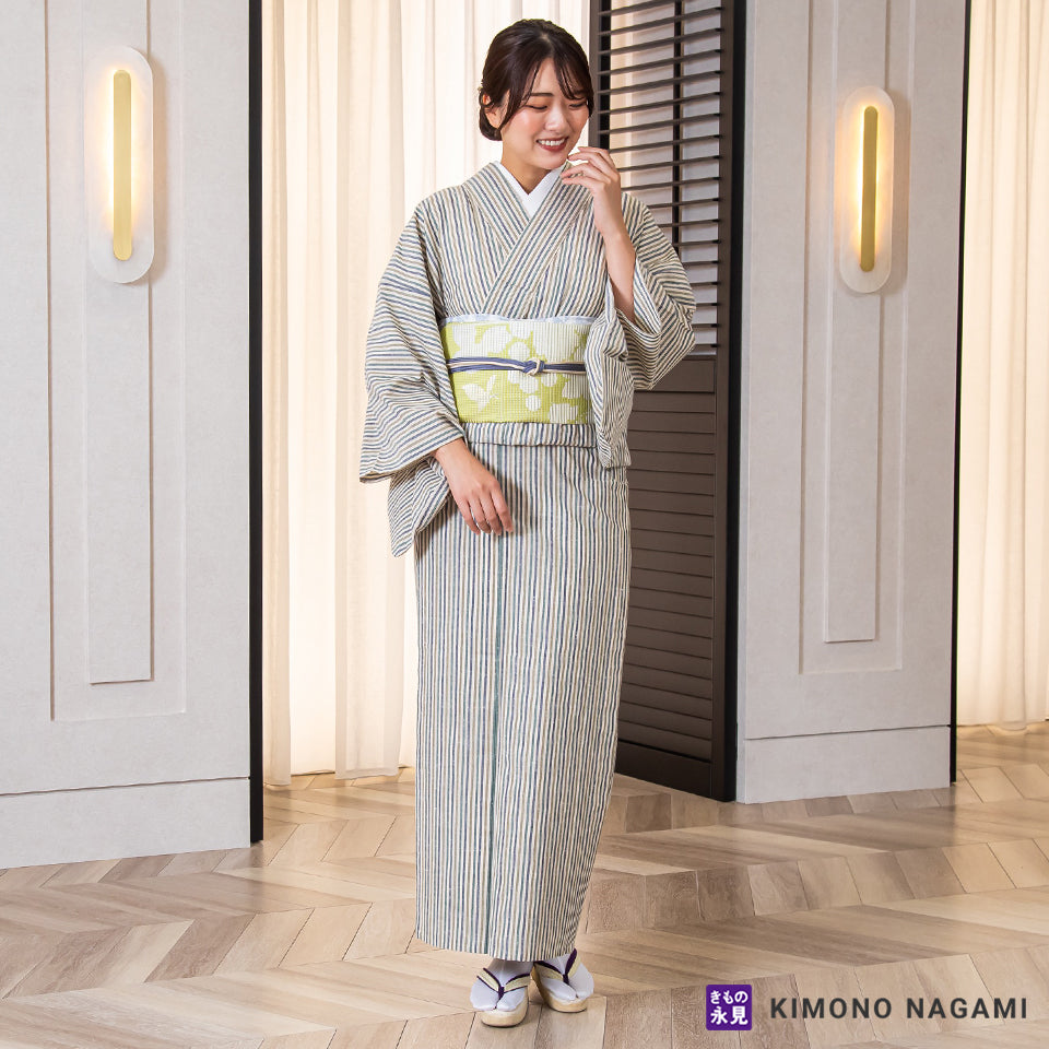 遠州綿紬│お仕立て上がり 遠州木綿 │フリーサイズ 生成りに緑青系縞 