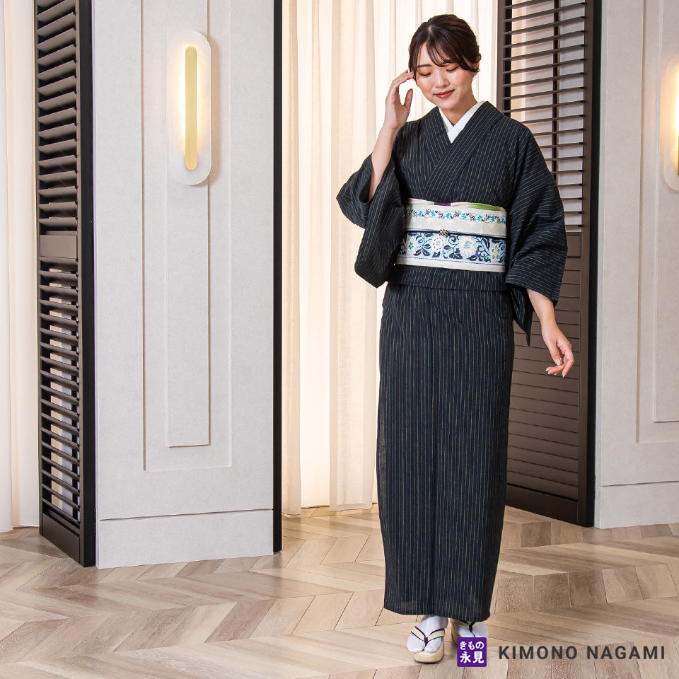 遠州綿紬│お仕立て上がり 遠州木綿 │フリーサイズ 藍緑に黄の金通縞 