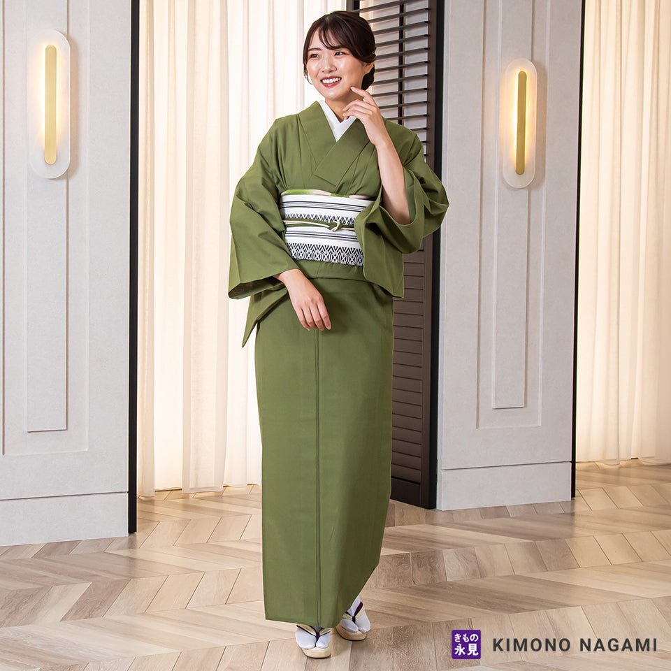 遠州綿紬│お仕立て上がり 遠州木綿 │フリーサイズ 鶯色の無地 