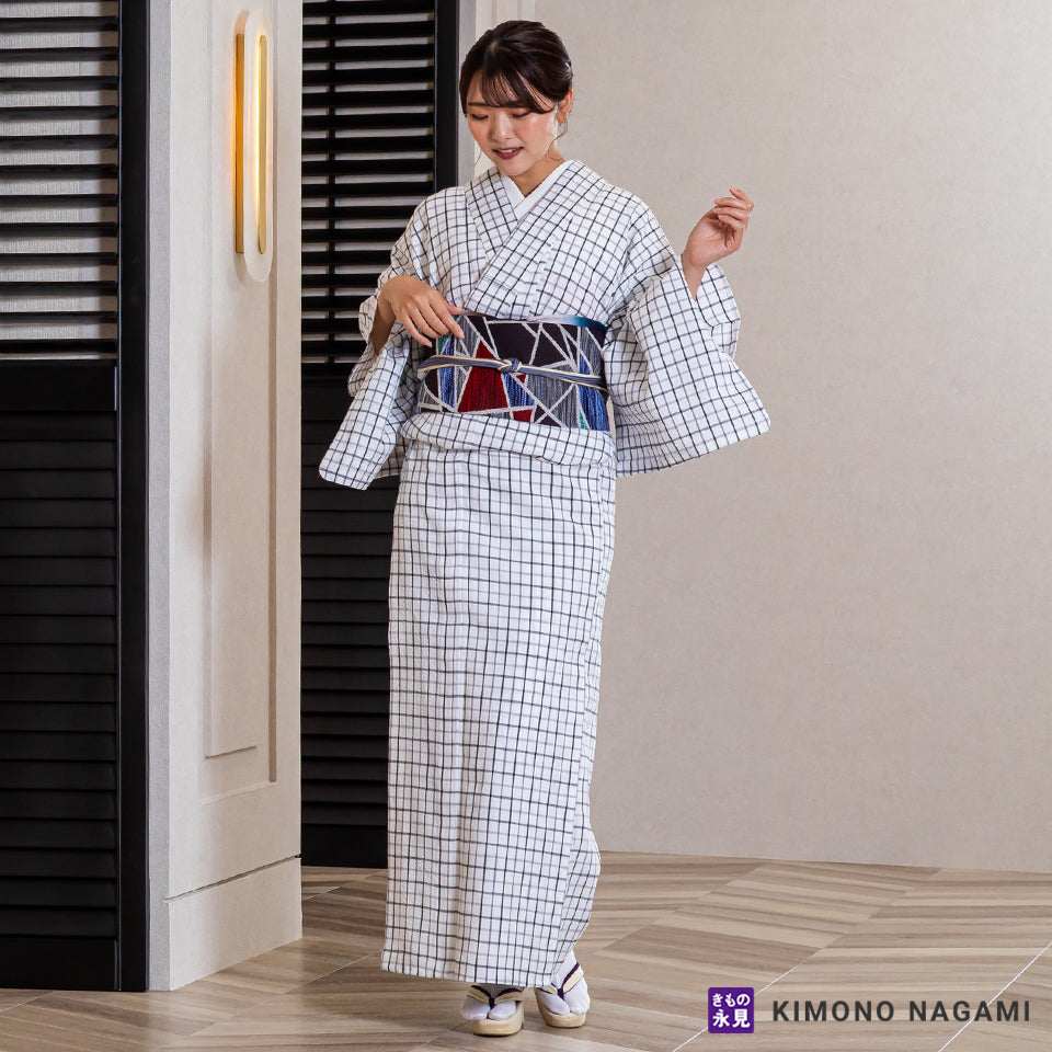 久留米絣│お仕立て上がり 洗える木綿きもの │フリーサイズ 白に黒灰 