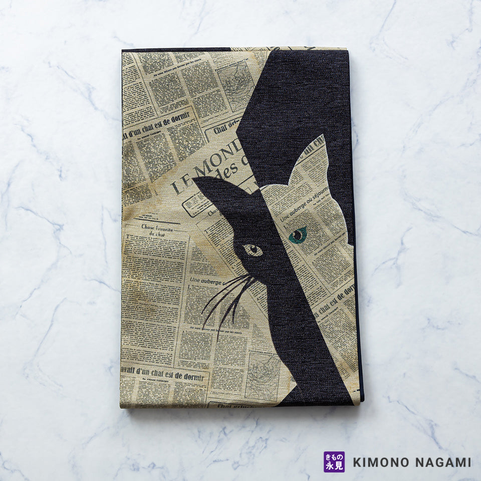 召しませ花 お仕立て上がり京袋帯 -Cat noir- サンドベージュ×黒色  