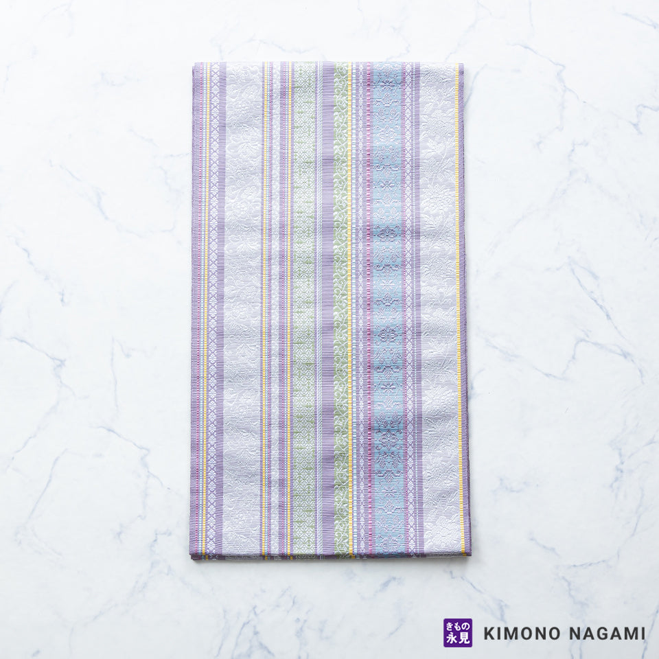 八寸名古屋帯 博多織 更紗間道模様 モダンな配色 仕立て上がり商品  