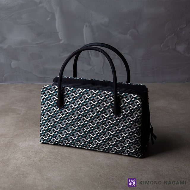 利休バッグ 琥珀織 鱗柄 黒
