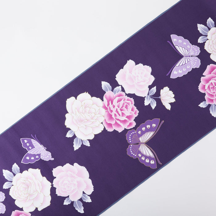 教材用 ゆかた反物 浴衣反物 薔薇と蝶 紫