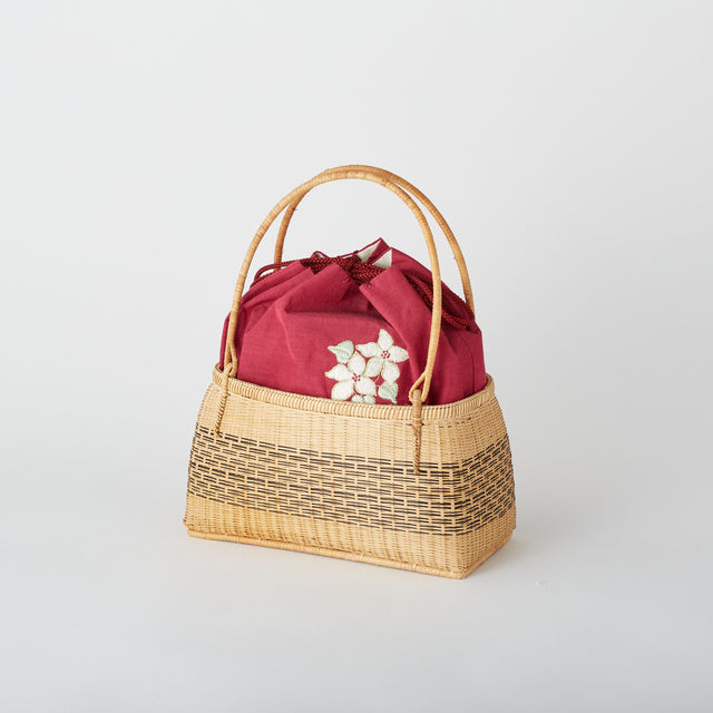 浴衣 かごバッグ かご巾着　白木　紅色に白刺繍