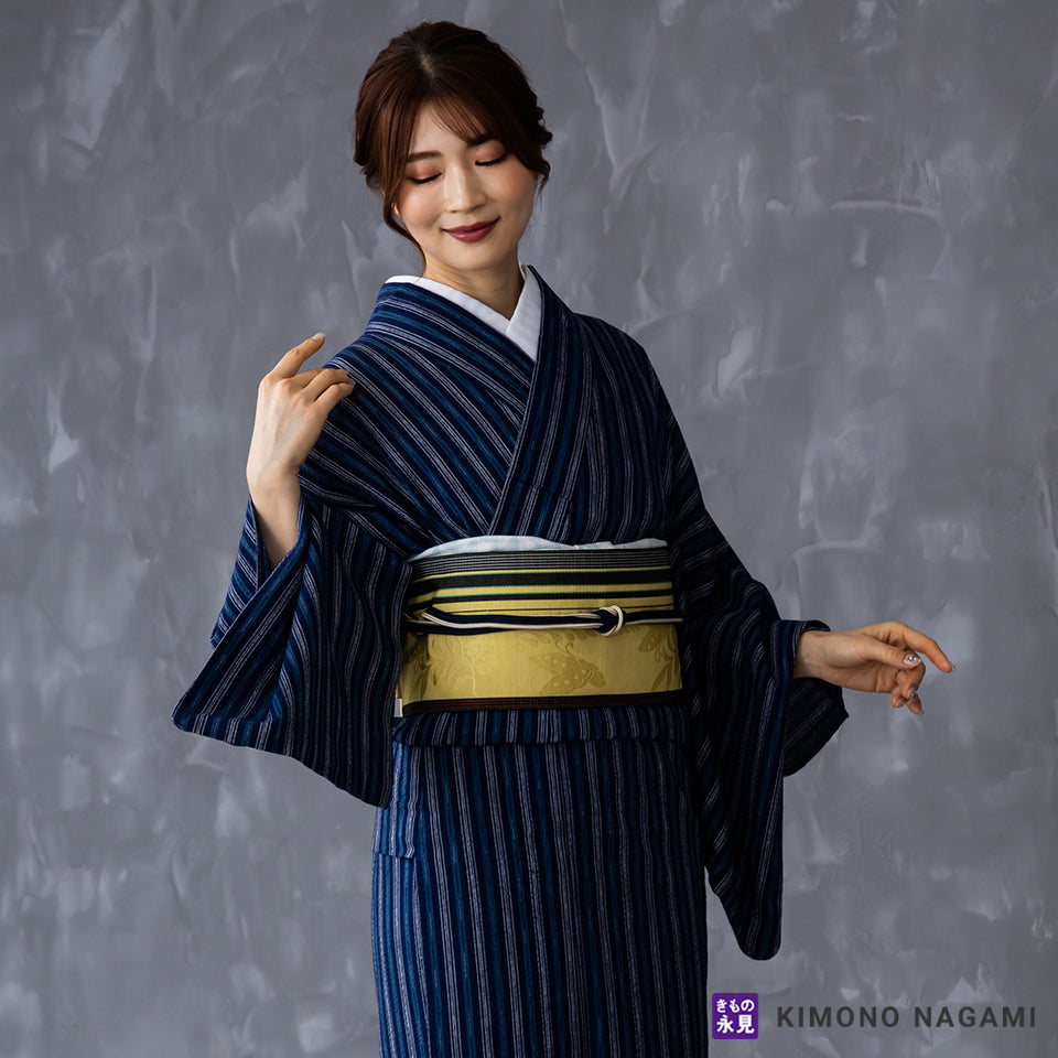 阿波しじら 縞 紺 チャコール 総手縫い 仕立て上がり 美品 Sサイズ 阿波しじら織│お仕立て上がり 木綿 夏着物 │フリーサイズ 藍に