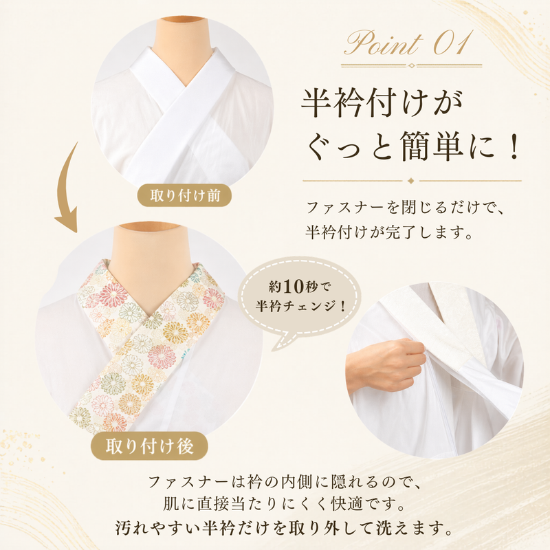 き楽っく 長襦袢 白 冬用 【衿秀公式正規品】替え袖マジックテープで裄